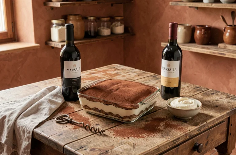 Tiramisu maison dans un plat en verre avec une bouteille de Marsala et du mascarpone sur une table en bois rustique