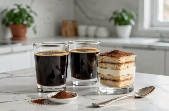 Verrine de tiramisu individuel avec amaretto et espresso sur un comptoir en marbre moderne