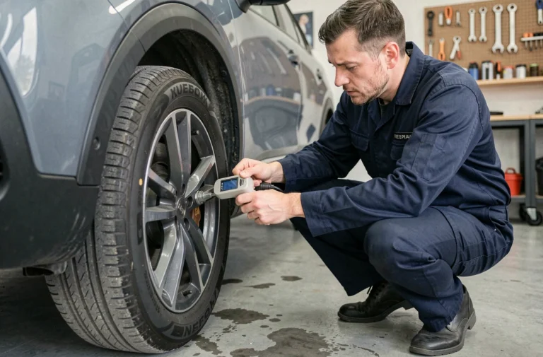 Mécanicien vérifiant la pression des pneus d'une Peugeot 2008 avec un manomètre numérique dans un garage