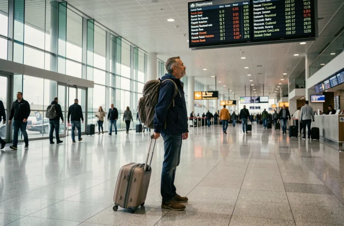 Voyageur avec valise et sac à dos dans un terminal d'aéroport international consultant le tableau des départs