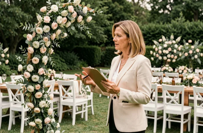 Wedding planner professionnelle supervisant la décoration d'un espace de cérémonie en plein air avec arche florale et chaises blanches.